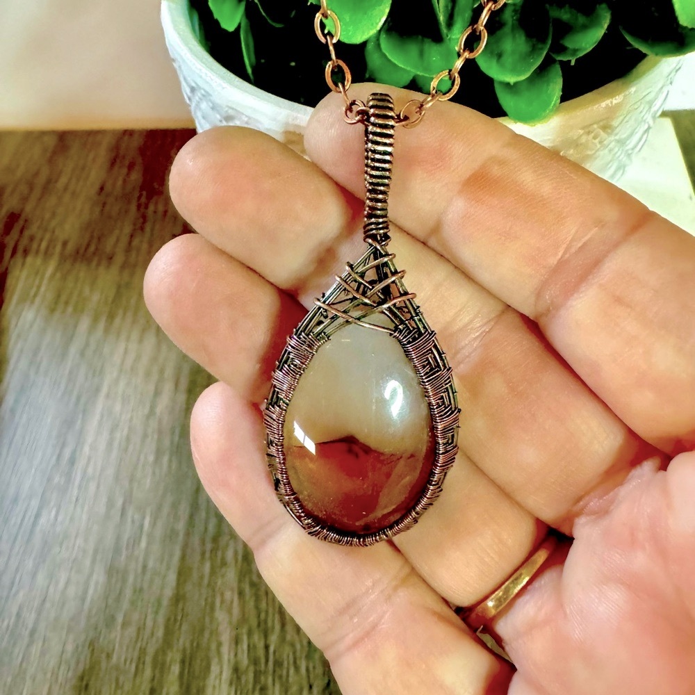 Handcrafted Copper Wire Woven Montana Moss Agate Pendant Necklace
